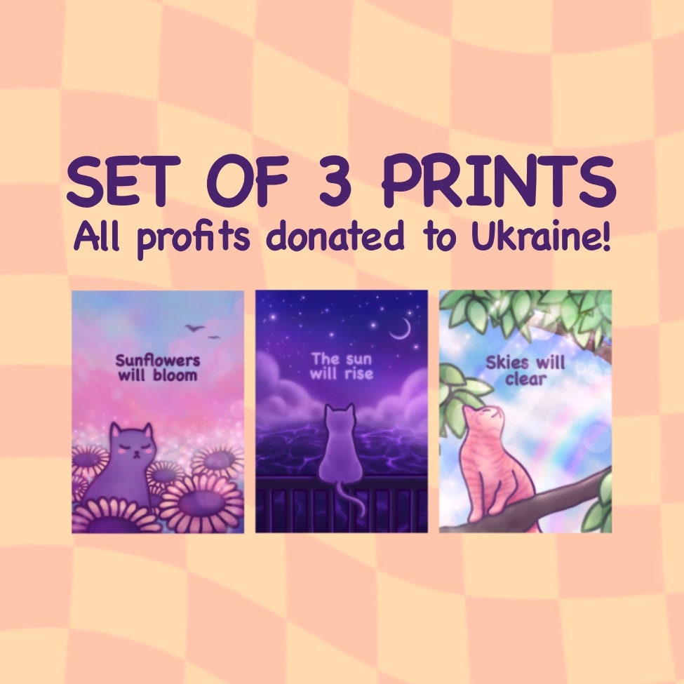 Ukraine Fundraiser Set of 3 Posters | Slava Ukraini | Support Ukraine 2022 | Cute Pastel Cat Decor Bundle