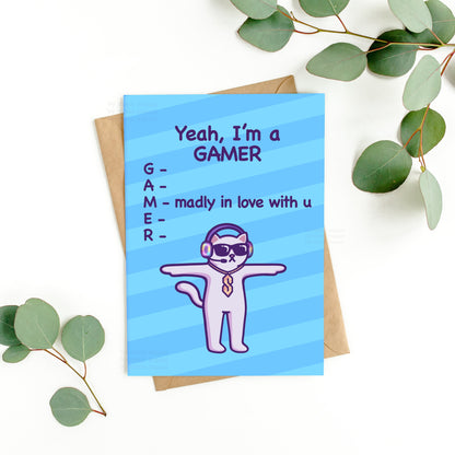 Funny Gamer Love Card | Yeah, I'm a GAMER | Ironic & Humorous T-Pose Cat Meme | Gift for Boyfriend, Girlfriend, Husband, Wife - Her or Him