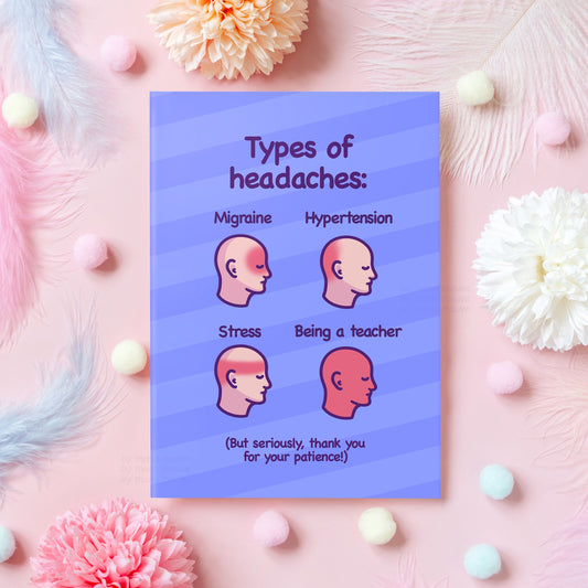 Funny Teacher Appreciation Card | Types of Headaches | Funny Gift for Teacher on School/University Graduation or Teacher Appreciation Day