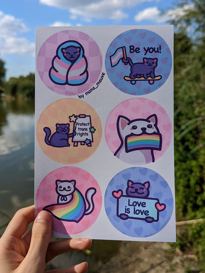 Pride Cat Round Sticker Set | LGBTQ Sticker Bundle | Gay, Lesbian, Trans Pride, Be You, Love is Love... | Cute 63.5mm Circle Labels