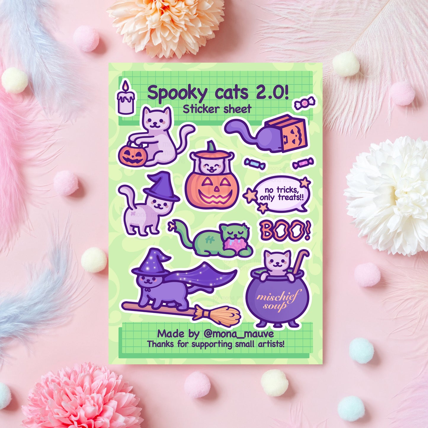 Cute Halloween Sticker Sheet | 13 Spooky Cat Stickers | Trick or Treating, Wizard, Pumpkin Hat, Zombie, Witch Cats | Fall Sticker Set | A5