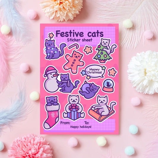 Christmas Sticker Sheet | Festive Cats | 13 Cute Stickers | Meowy Christmas! | Kawaii Eco Friendly Stickers as a Gift or Stocking Filler
