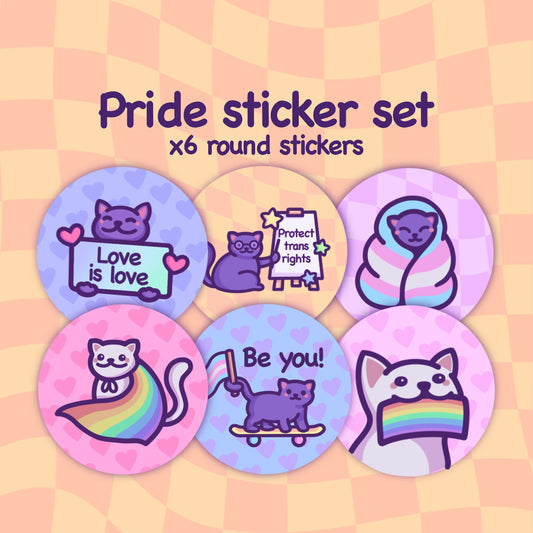 Pride Cat Round Sticker Set | LGBTQ Sticker Bundle | Gay, Lesbian, Trans Pride, Be You, Love is Love... | Cute 63.5mm Circle Labels