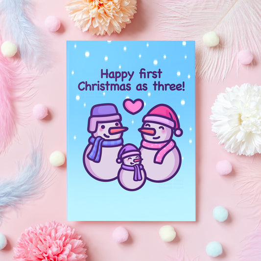First Christmas as Three Card | Happy First Christmas! | Wholesome Snowman Card | Cute Gift for a New Family | New Baby Christmas Card