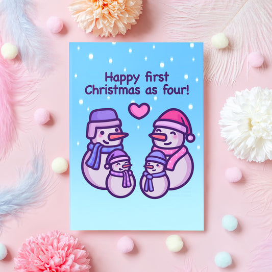 First Christmas as Four Card | Happy First Christmas! | Cute Snowman Card | Wholesome Gift for a Family of Four | New Baby Christmas Card