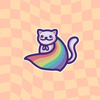 LGBTQ+ Pride Cat Vinyl Sticker | Lesbian, Gay, Bi, Trans, Queer Pride | Cute Cat With Rainbow Flag Cape | Waterproof Bumper/Flask Sticker