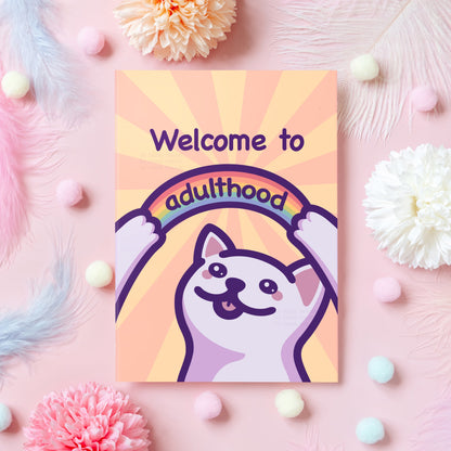 Funny 18th Birthday Card | Welcome to Adulthood! | Cute Cat Card | Birthday Gift for Best Friend, Daughter, Son, Sister - Her or Him