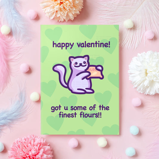 Funny Cat Valentine's Day Card | Finest Flours Pun | Cat Meme Card | For Husband, Wife, Boyfriend, Girlfriend, Partner | Gift for Her or Him