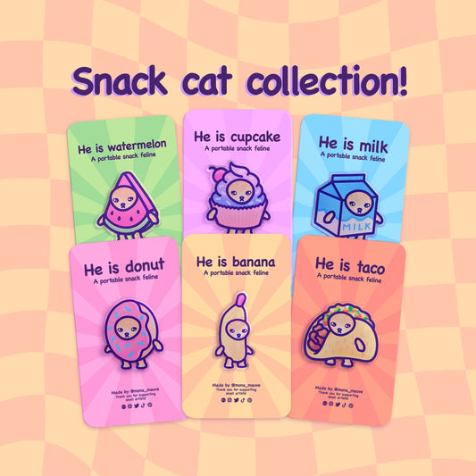 These pin badges are part of the Snack Cats collection. Available badges: watermelon cat, cupcake cat, milk cat, donut cat, banana cat, taco cat.