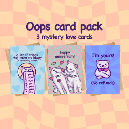 Oops Mystery Love Card Pack | B-Grade Greeting Cards | Funny & Cute Cat Meme Love Cards | Random Discounted Grab Bags