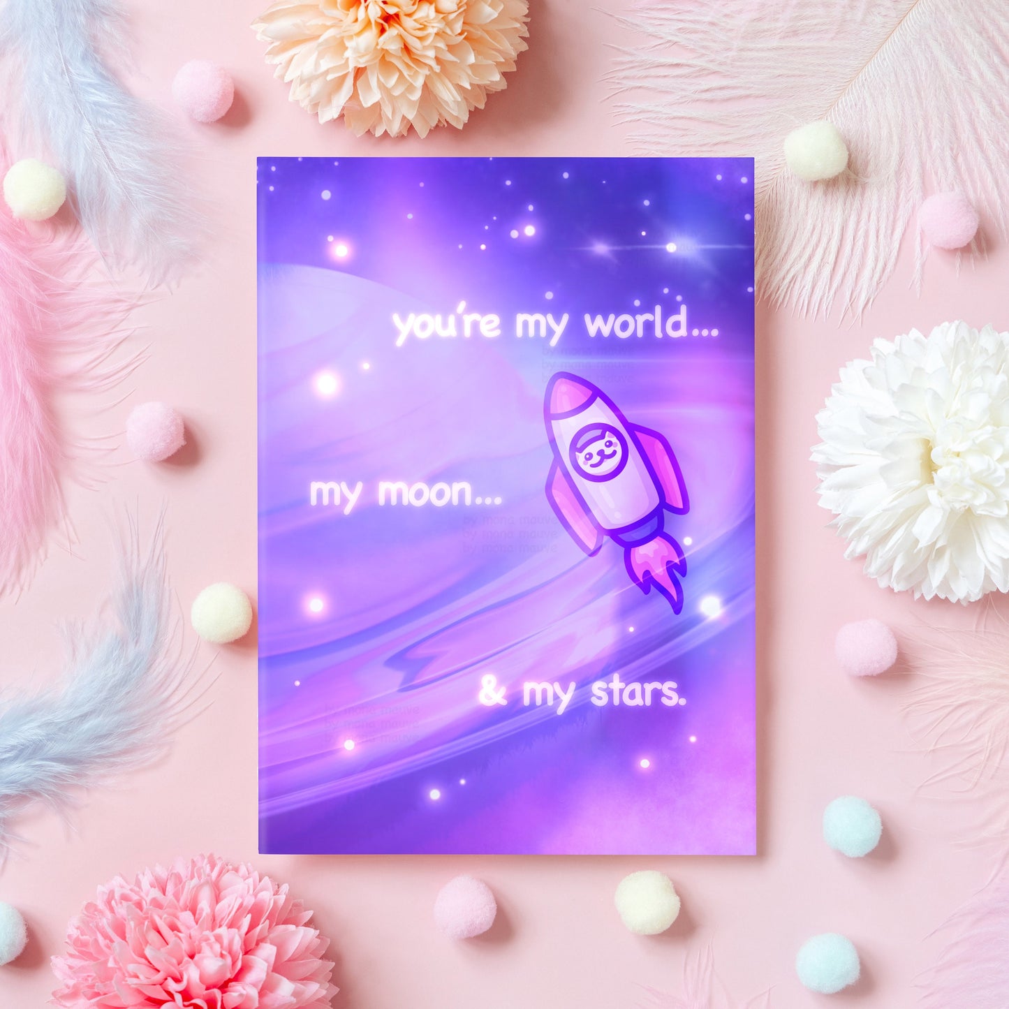 Cute Space Cat Anniversary Card | My World, My Moon & My Stars | Wedding or Dating Anniversary | For Husband, Wife, Boyfriend - Her or Him
