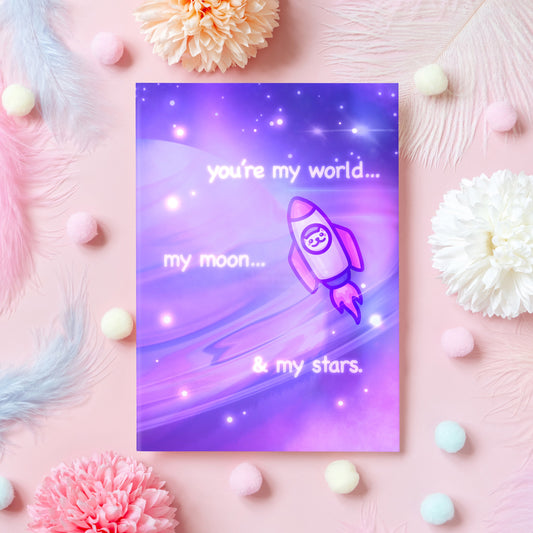 My World, My Moon & My Stars | Cute Space Cat Anniversary Card