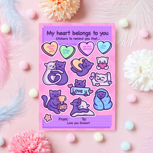 Anniversary sticker sheet with 13 cute cat stickers. It reads: "My heart belongs to you! Stickers to remind you that...". Some of the stickers say "you're the best", "I love you"