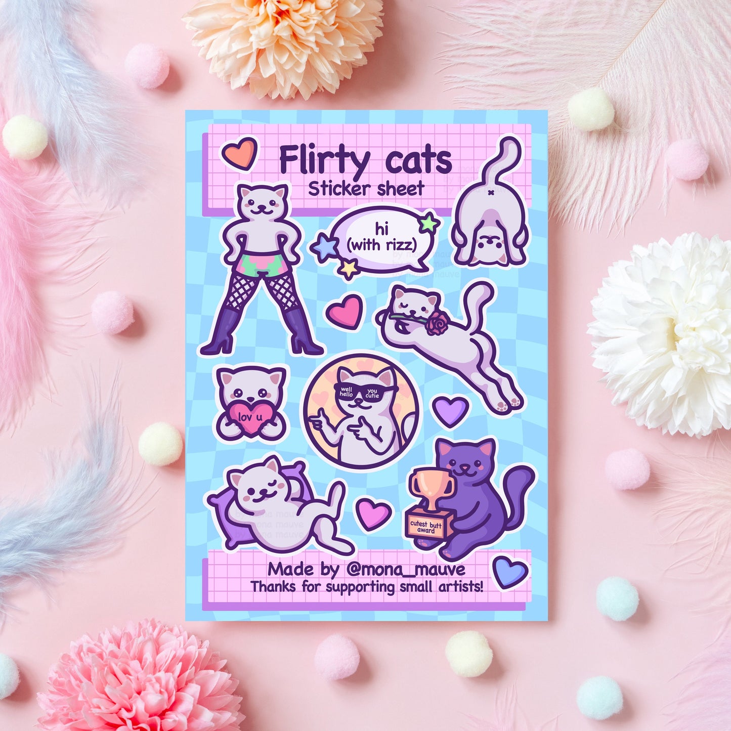 Flirty Cats Sticker Sheet | 8 Cute & Funny Recyclable Paper Stickers | Romantic and Humorous | Love You, Cutest Butt Award | A5