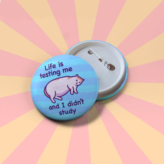 Funny Button Badge | Life Is Testing Me Cat Meme | Ironic Round Button Pin | For Backpack, Beanie, Tote Bag | Gift for Her or Him