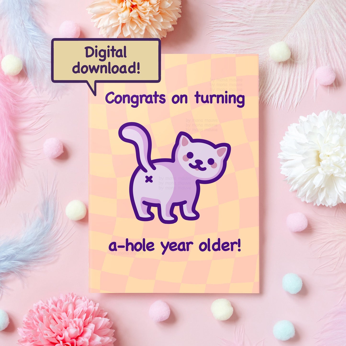 Printable Funny Cat Birthday Card | A-hole Year Older! | Digital Download | Funny Birthday Gift for Husband, Wife, Friend - Her or Him