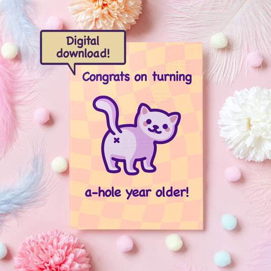 Printable Funny Cat Birthday Card | A-hole Year Older! | Digital Download