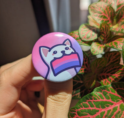 Bisexual Pride Button Badge | Cute Cat Holding a Bi Pride Flag | LGBTQ+ Pride | Gift for Pride Month and Coming Out