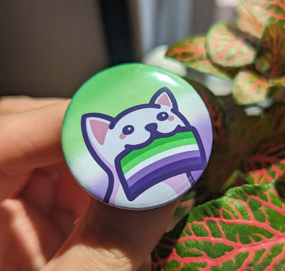 Aromantic Pride Button Badge | Cute Cat Holding an Aro Pride Flag | LGBTQ+ Pride