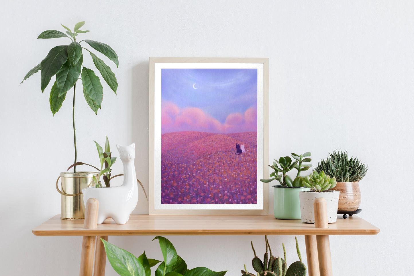 Cute Cat Art Print | Flowers & Nature Landscape Poster | Cute Pastel Pink and Purple Scenery Wall Decor | Original Artwork by Mona Mauve