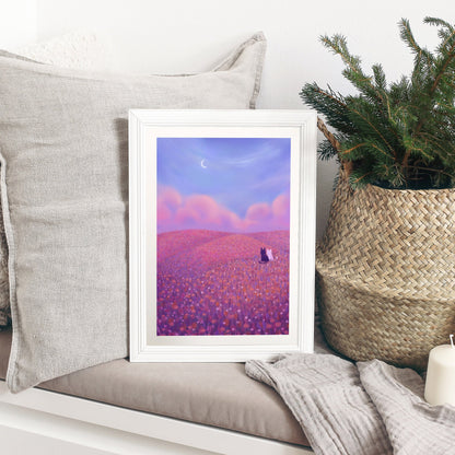 Cute Cat Art Print | Flowers & Nature Landscape Poster | Cute Pastel Pink and Purple Scenery Wall Decor | Original Artwork by Mona Mauve