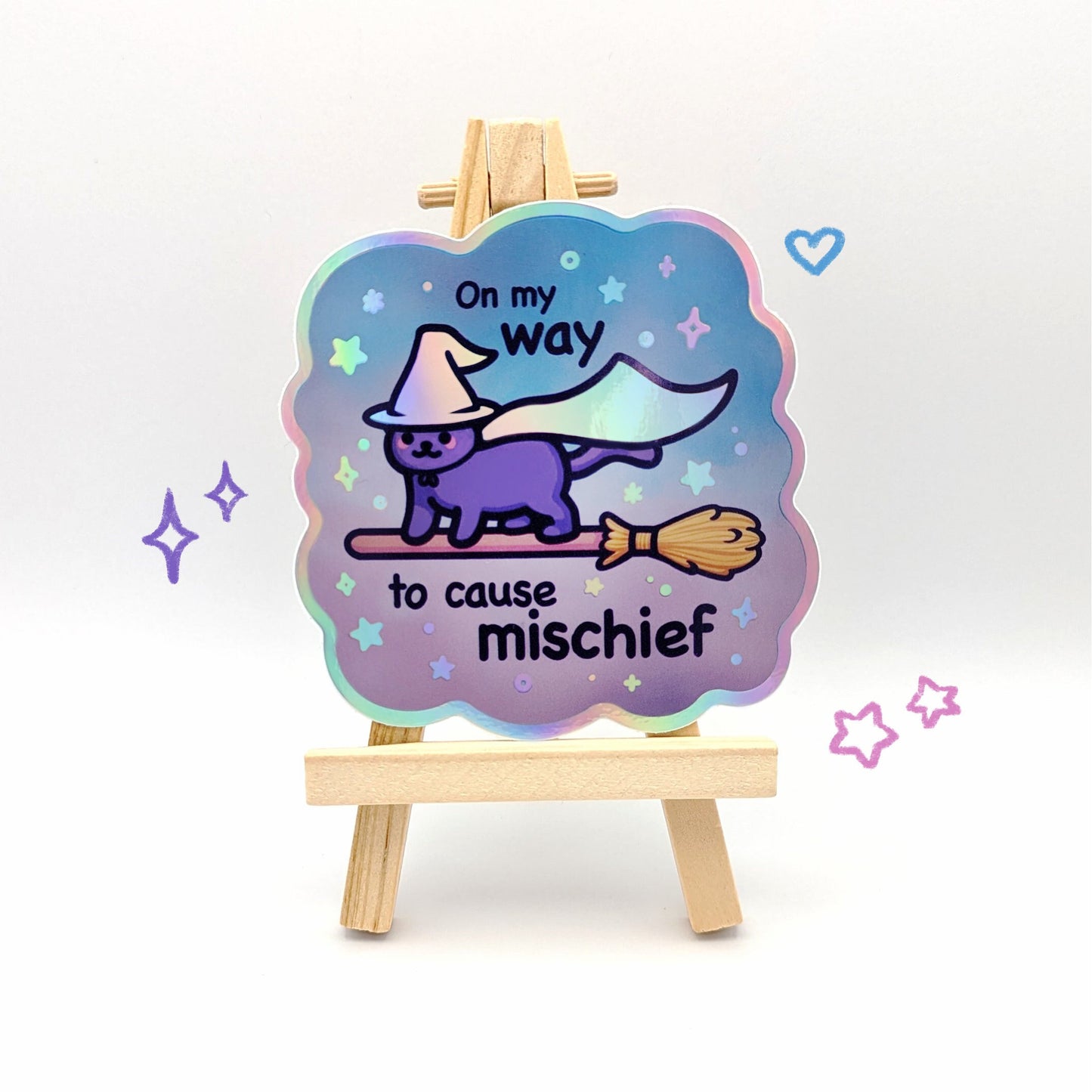 On My Way to Cause Mischief! | Cute Holographic Vinyl Cat Sticker