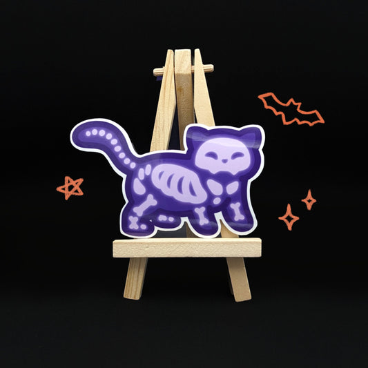 Cute Halloween Vinyl Sticker | Skeleton Cat | Kawaii Waterproof Autumn Sticker for Door, Window, Treat Bag, Planner, Car, Decor