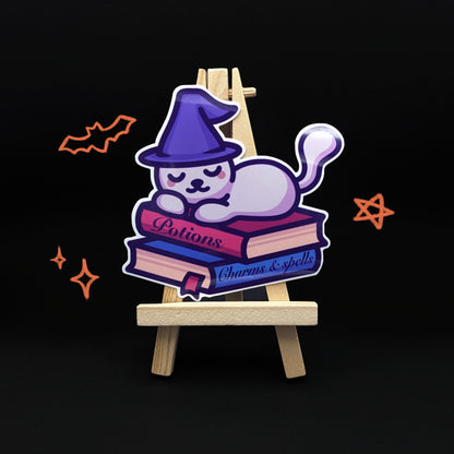 Cute Vinyl Halloween Cat Sticker | Wizard Cat Napping | Kawaii Waterproof Autumn Sticker for Door, Window, Treat Bag, Planner, Car, Decor