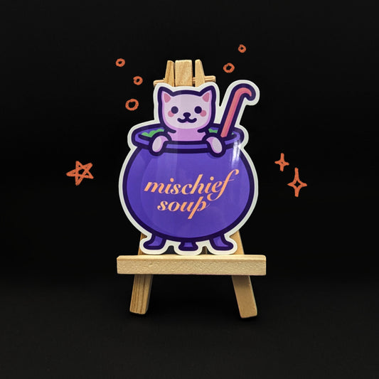 Cute Vinyl Halloween Cat Sticker | Mischief Soup | Kawaii Waterproof Autumn Sticker for Door, Window, Treat Bag, Planner, Car, Decor