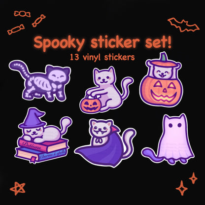 Cute Halloween Vinyl Sticker Set | 13 Stickers | Wizard, Ghost, Vampire, Skeleton Cats | Waterproof Autumn Sticker Pack | Decor & Gifting