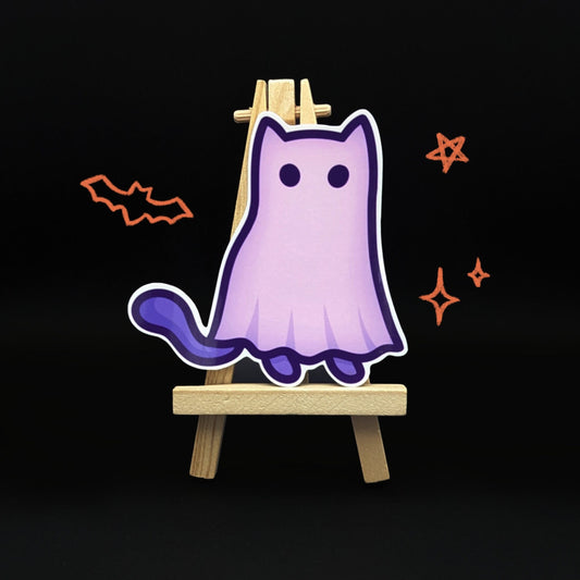 Vinyl Halloween Cat Sticker | Ghost Cat | Cute Waterproof Autumn Sticker for Door, Window, Treat Bag, Planner, Car, Decor