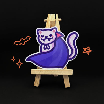 Cute Vinyl Halloween Cat Sticker | Vampire Cat | Kawaii Waterproof Autumn Sticker for Door, Window, Treat Bag, Planner, Car, Decor