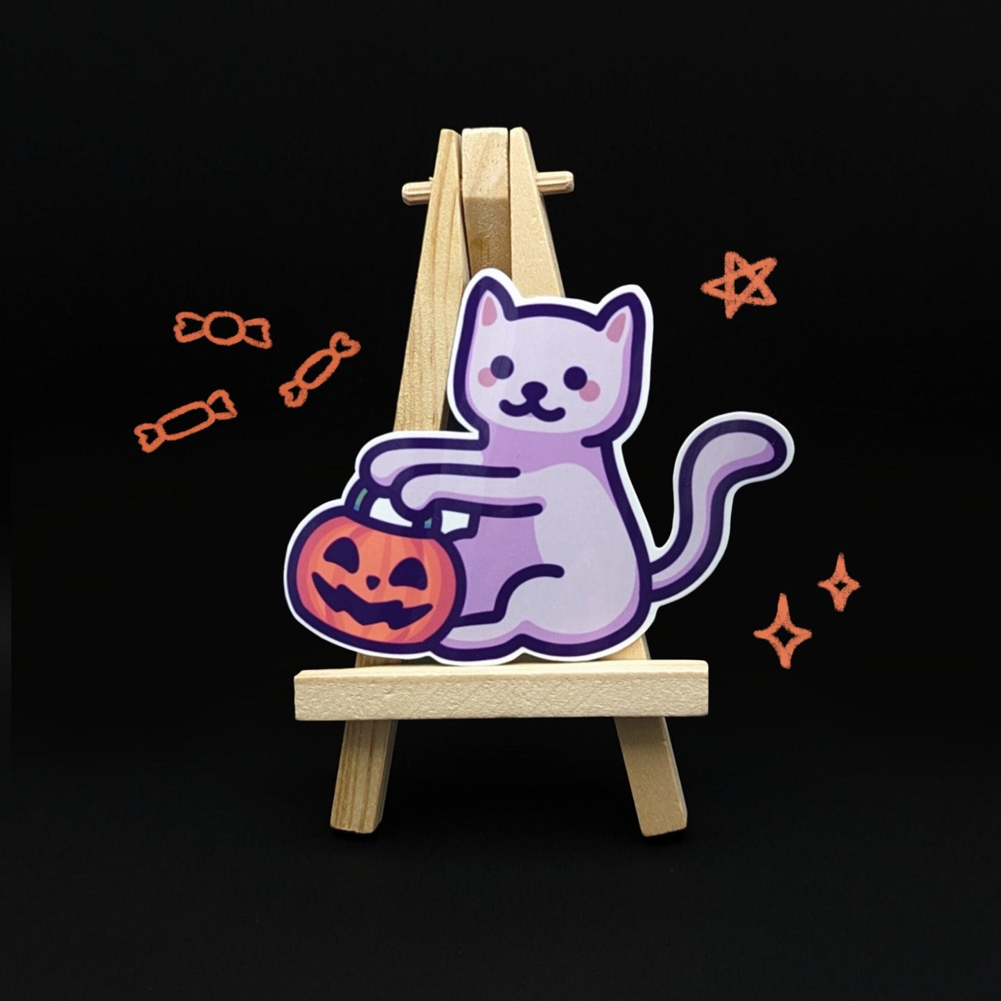 Cute Vinyl Halloween Cat Sticker | Trick or Treating Cat with Pumpkin | Waterproof Autumn Sticker for Door, Treat Bag, Planner, Car, Decor