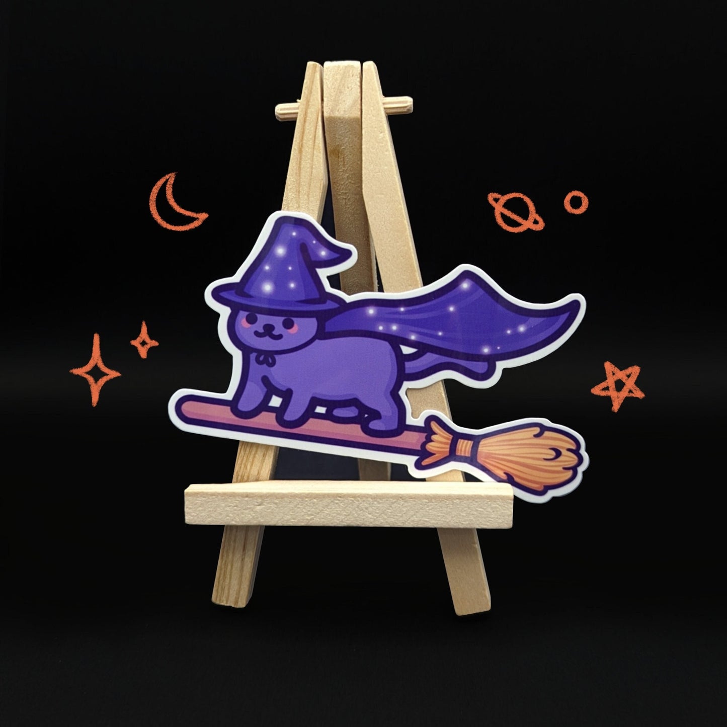 Vinyl Halloween Cat Sticker | Witch Cat Flying on a Broom | Cute Waterproof Autumn Sticker for Door, Window, Treat Bag, Planner, Car, Decor