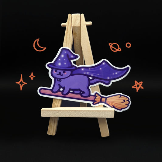 Witch Cat Flying on a Broom | Vinyl Halloween Cat Sticker