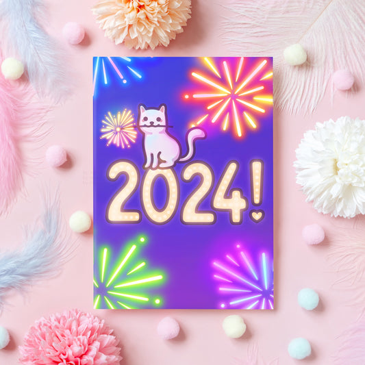 2024 Cute New Year Card | Cat with Fireworks | Kawaii & Colourful Happy New Year Gift for Friend, Mom, Husband, Wife, Boyfriend, Her, Him