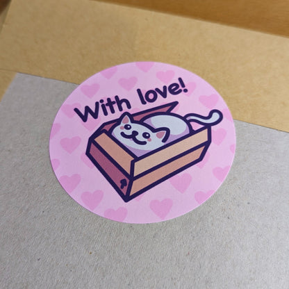 Cute Cat Packaging Sticker Set | With Love - Envelope/Gift Seal Stickers | Christmas or Birthday Gift Tags | Recyclable Circle Label Bundle