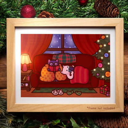 Cute Christmas Cat Art Print | Wholesome Festive Poster | Cosy & Warm Wall Holiday Decor | Original Artwork by Mona Mauve